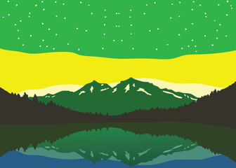 Vibrant starry night sky over serene mountain lake reflecting majestic peaks and dark forest