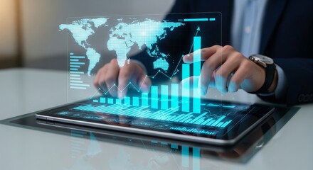 Businessman Using Tablet with Large 3D Financial Charts and Growth Graphs – Futuristic Technology in Business Analytics