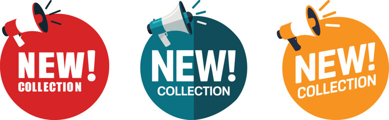 New collection announcement banner set with megaphone, vector promotion sticker for new product arrival