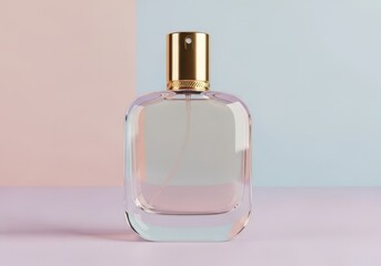 A clear glass perfume bottle with a gold-colored cap sits on a pink surface against a pastel background.