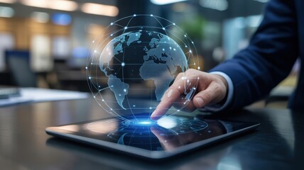 Global Business - A man's finger touching a glowing world globe on a tablet, symbolizing international technology, connection, and global strategy