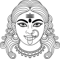 line art illustration of Hindu goddess Kali's face with skull necklace, vector for Kali Puja festival.