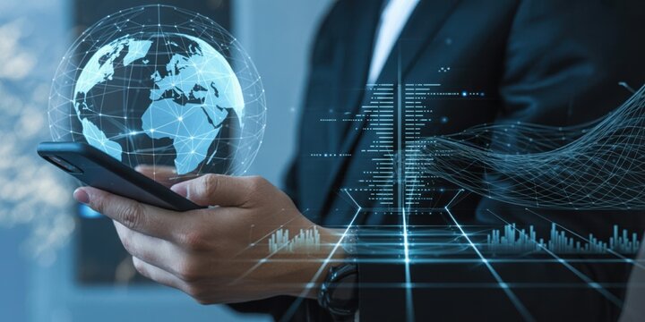 Global Business - A man holding a smartphone, with a glowing world globe and financial graphs, symbolizing international communication and data analysis