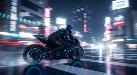Futuristic motorcyclist speeding through neon-lit city streets at night, a thrilling cyberpunk adventure