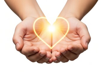 Two hands cupped together holding a glowing heart shape, symbolizing love, care, and connection on a white background.