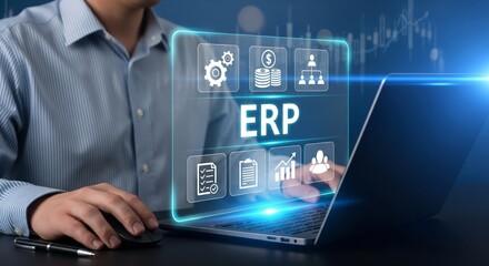 ERP System Dashboard with Large Holographic Business Icons and Blue Digital Interface