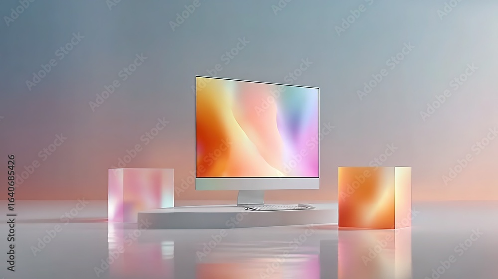 Fototapete Minimalist 3D rendered computer desktop with light pink-orange gradient cubes and colorful gradient screen, white desk front view in soft studio lighting for digital art templates