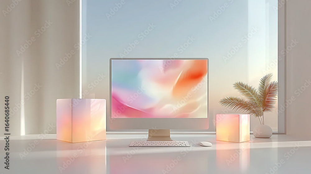 Fototapete minimalist 3d rendered computer desktop with light pink-orange gradient cubes and colorful gradient 