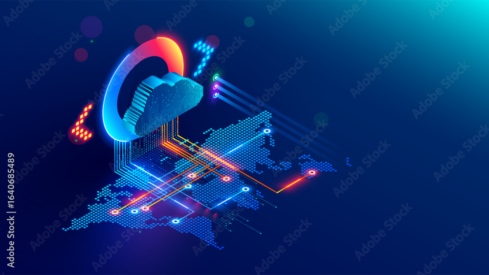 Poster cloud data storage isometric. cloud based data storage access over the internet anywhere in the worl