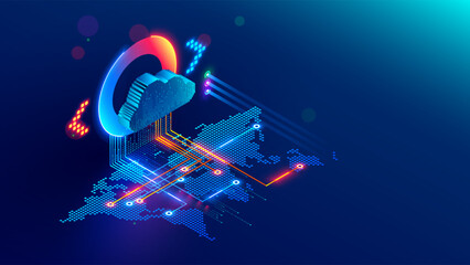 Cloud data storage isometric. Cloud based data storage access over the Internet anywhere in the world. The cloud is connected to the world map. Global communications of Data Center for cloud computing