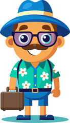 “Cheerful Cartoon Tourist Character with Suitcases in Hawaiian Shirt”