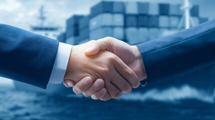 Global trade market concept with businessmen shaking hands over world map background and cargo ships in ocean.