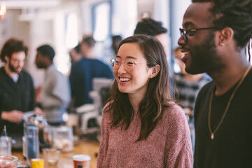 Midday in a shared office space with coffee and snacks available Young collaborators discuss fundraising strategies for their global initiative