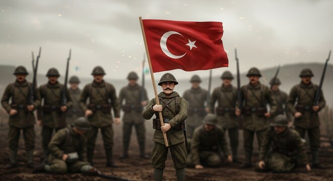 Soldiers with the flag in the battleground: A historical illustration showing group of soldiers stand with their flag, on a cloudy day. It evokes a sense of pride, bravery, and sacrifice. 