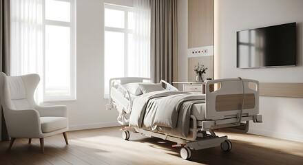 Fototapeta premium Modern Hospital Room Interior with Adjustable Bed Comfortable Armchair and Natural Light Streaming Through Windows a Tranquil Environment for Recovery
