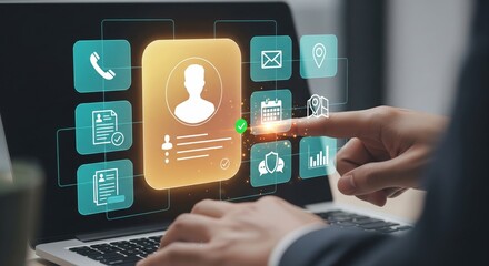 Highlighted User Profile Tile with Contact Icons Over Laptop — User Management & Verification Concept