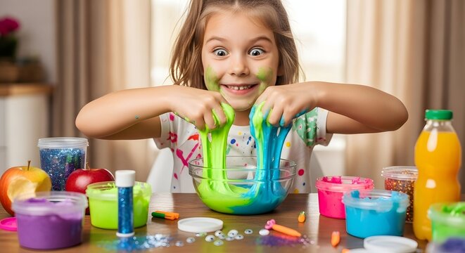 Excited girl playing with vibrant slime, creating colorful art and enjoying creative crafting fun, perfect for kids