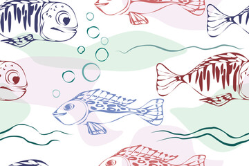 Naklejka premium Seamless pattern. Hand drawn stylized fish. Aquarium texture with fish in doodle sketch style. Vector