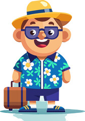 “Cheerful Cartoon Tourist Character with Suitcases in Hawaiian Shirt”