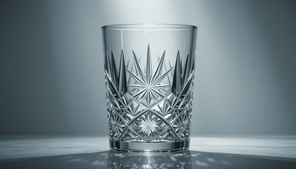 Elegant clear crystal glass with intricate starburst patterns on a minimalist surface