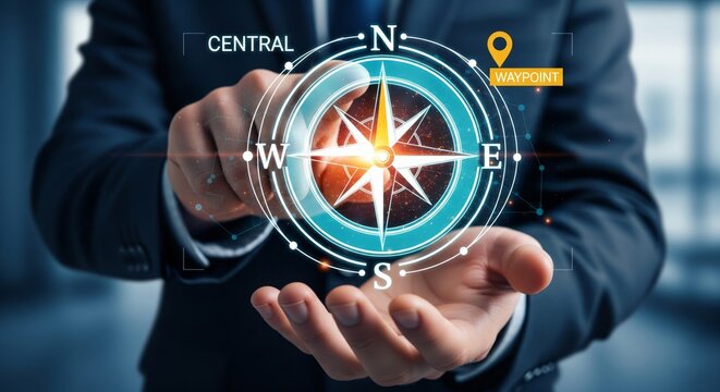 Holographic Compass Rose Above Hands — Navigation, Strategy & Direction Concept - Powered by Adobe