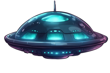 UFO illustration with a glowing design featuring a domed shape, lights, and a sleek profile, perfect for fantasy and science fiction themes