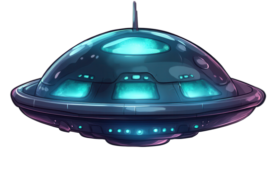UFO illustration with a glowing design featuring a domed shape, lights, and a sleek profile, perfect for fantasy and science fiction themes