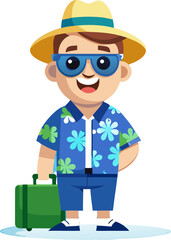 “Cheerful Cartoon Tourist Character with Suitcases in Hawaiian Shirt”