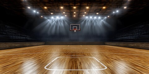 Basketball court side view mockup with hoop and wood parquet.
