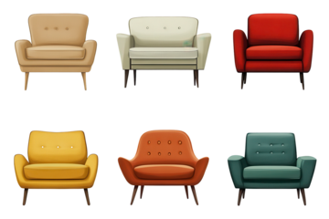 Retro vantage armchairs set displaying an array of vibrant colors and unique designs perfect for home decor or furniture showcase