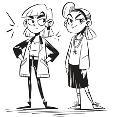 fashionable women in a 1950s-inspired black-and-white cartoon style, bold lines, confident poses, one in a skirt suit, the other in a short skirt and sweater, mid-century modern illustration style