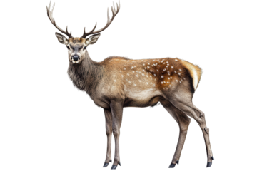 Deer standing majestically on a transparent background showcasing its spotted coat and impressive antlers during daylight hours in a serene environment