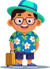 “Cheerful Cartoon Tourist Character with Suitcases in Hawaiian Shirt”