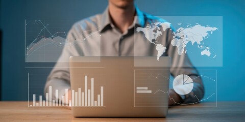 Global Business Analytics - A man working on a laptop, with a digital dashboard showing a world map and financial charts, for international data analysis