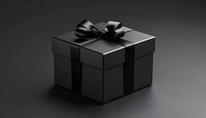 A square black gift box with a black ribbon