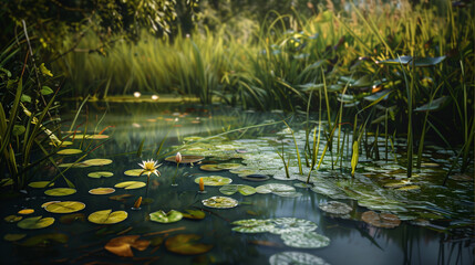 "A pond skin thick with lilypad memories
