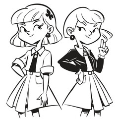fashionable women in a 1950s-inspired black-and-white cartoon style, bold lines, confident poses, one in a skirt suit, the other in a short skirt and sweater, mid-century modern illustration style