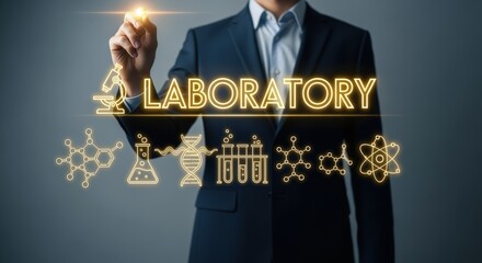 Innovative Scientist Displaying Laboratory Concepts on a Virtual Screen, Representing Medical Advancements and Research