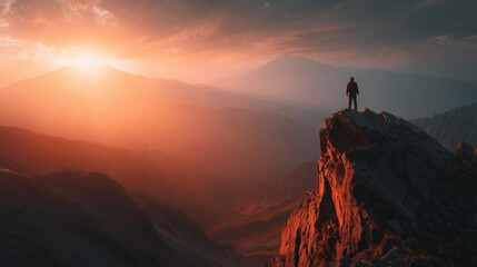 Fototapeta premium photo of a young man looking at a big beautiful mountain that he is going to climb, inspiring