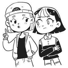 fashionable women in a 1950s-inspired black-and-white cartoon style, bold lines, confident poses, one in a skirt suit, the other in a short skirt and sweater, mid-century modern illustration style