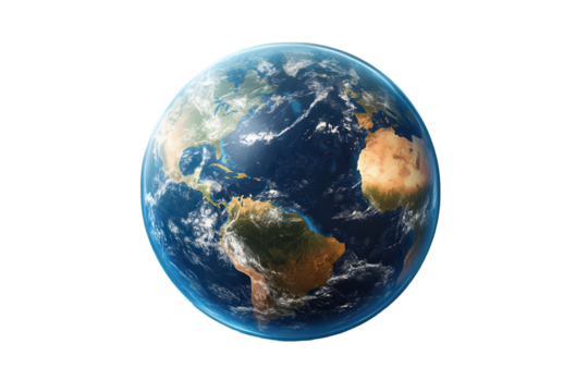 Digital globe depicting Earth's landmasses and oceans with a transparent background for use in various graphic applications and designs
