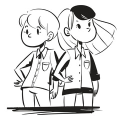 fashionable women in a 1950s-inspired black-and-white cartoon style, bold lines, confident poses, one in a skirt suit, the other in a short skirt and sweater, mid-century modern illustration style