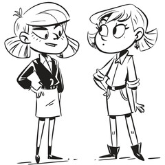 fashionable women in a 1950s-inspired black-and-white cartoon style, bold lines, confident poses, one in a skirt suit, the other in a short skirt and sweater, mid-century modern illustration style