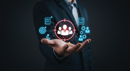 Business professional showcasing human resources and target audience with digital icons