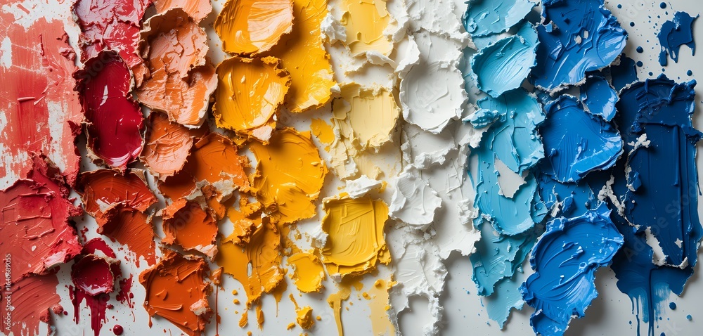 Poster close up abstract texture of scraped vibrant paint layers in a gradient spectrum of colors