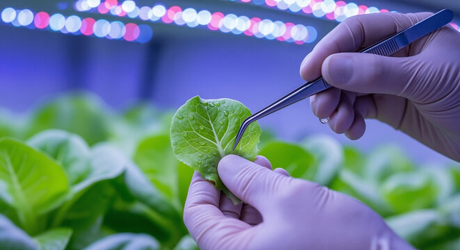 Scientist in gloves using tweezers to inspect a lettuce leaf in a hydroponic research lab with LED lights