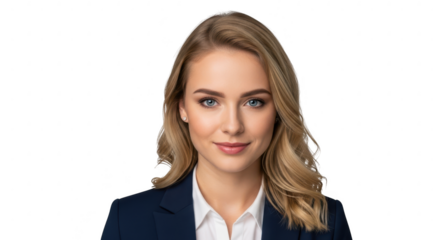 Attractive woman in navy suit smiling isolated on transparent background