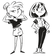 fashionable women in a 1950s-inspired black-and-white cartoon style, bold lines, confident poses, one in a skirt suit, the other in a short skirt and sweater, mid-century modern illustration style