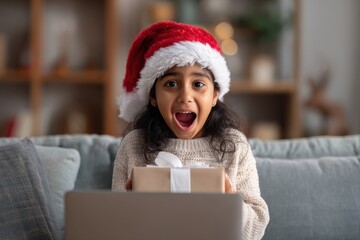 Excited Kid Santa Hat. Video Call: Indian Girl Opens Christmas Gift on Computer with Family and Friends