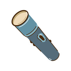 Flashlight vector illustration. Equipment for camping, night hike, lighting. Steel or plastic lamp, pocket electric gear with buttons. LED spotlight. Hand drawn clipart, isolated colorful doodle